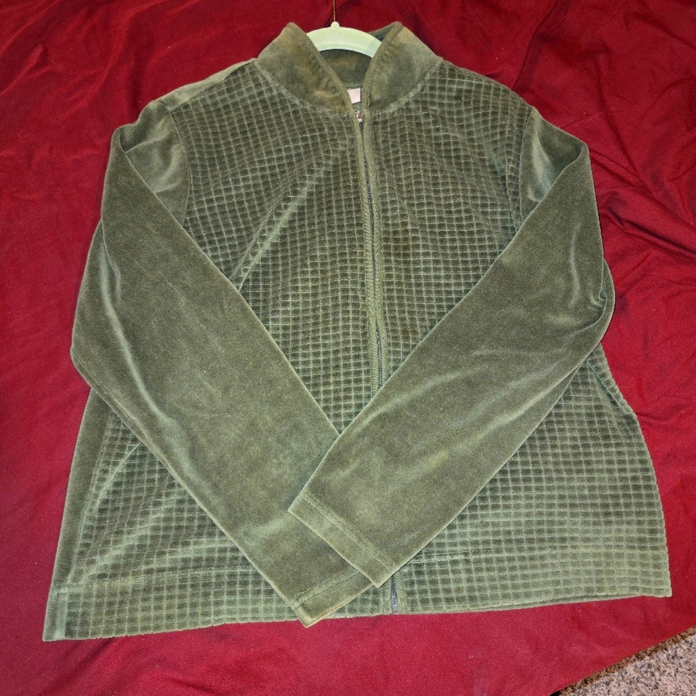 Women's Quilted Velour Army Jacket / Sweater in Olive Green Size M